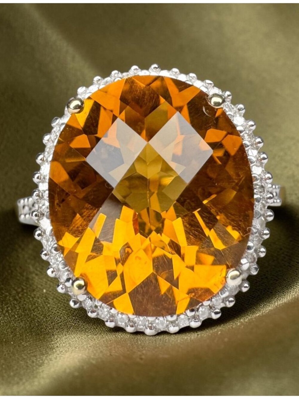 VINTAGE 10K Gold Natural Citrine Halo Diamond Ring Sz 5.75- 6.5CTTW Citrine Ring